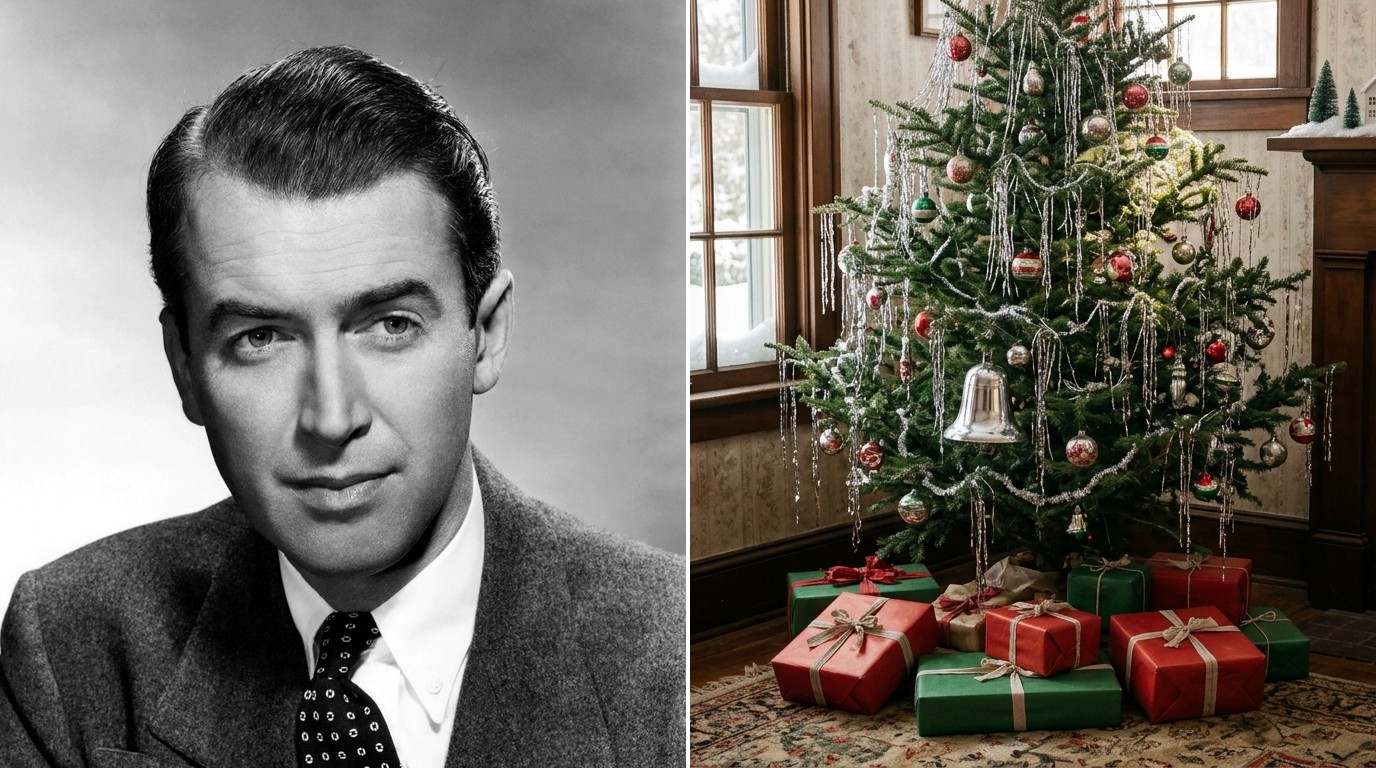 Jimmy Stewart Christmas side by side with a 1940s living room tree draped in silver tinsel with a silver bell and red and green gifts