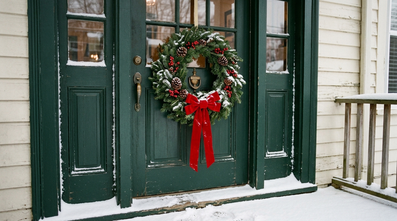 Fresh fir wreath with red berries and a red velvet bow on a dark green front door with glass panes