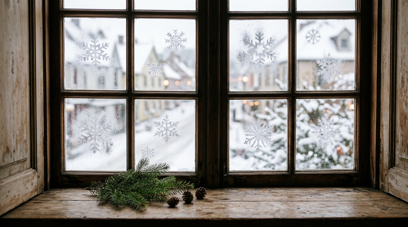 Paned wooden window with white stenciled snowflakes and a fir sprig on the sill overlooking a snowy street