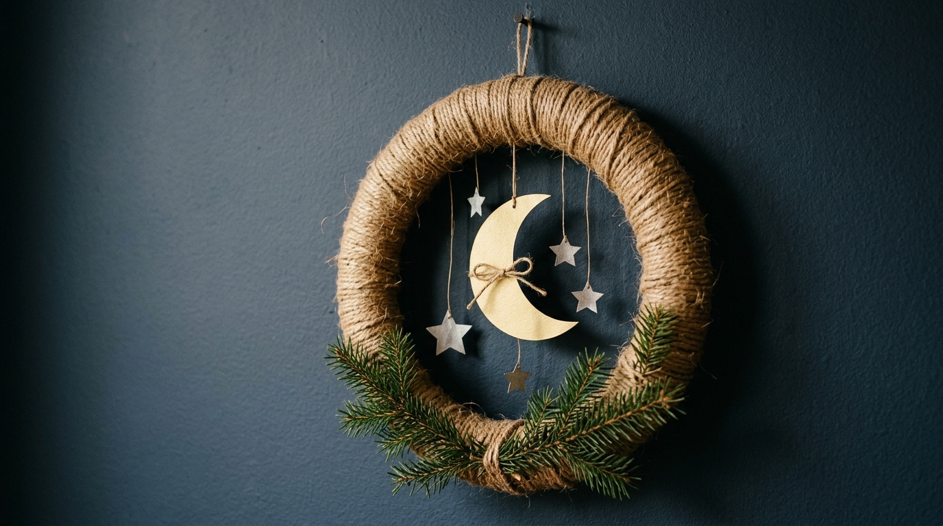 Round jute rope wreath with a gold paper crescent moon and silver stars hanging inside on a navy wall