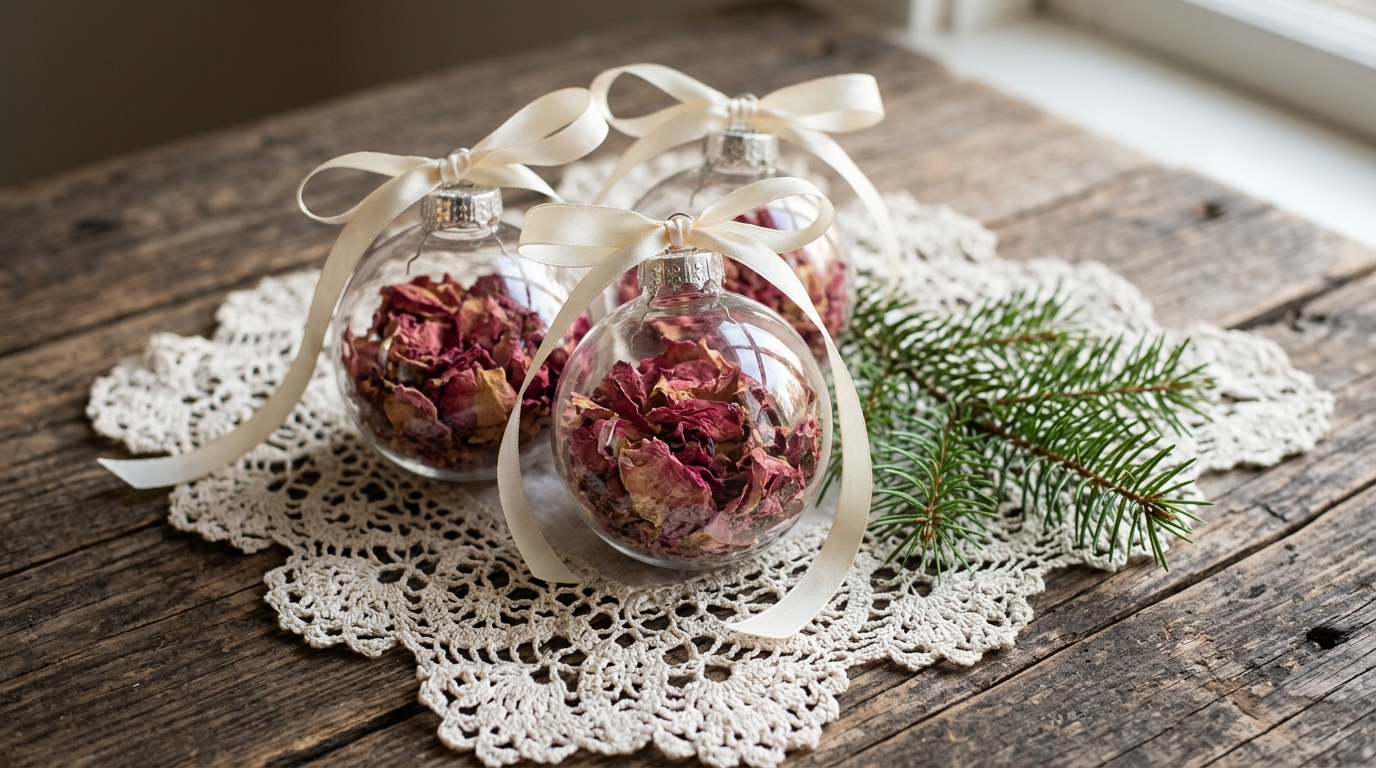 Jimmy Stewart Christmas clear glass ornaments filled with dried pink and red rose petals on a lace doily