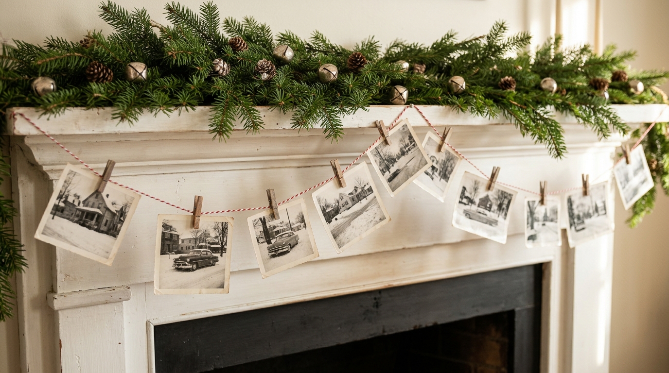Jimmy Stewart Christmas garland of black and white vintage snapshots clipped with clothespins on a white mantel