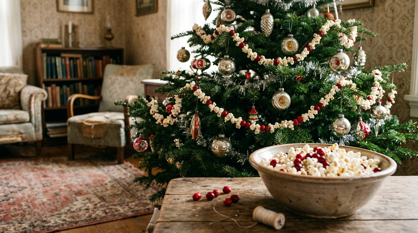 Homemade popcorn and fresh cranberry garland on a green tree with old glass ornaments and a bowl of popcorn