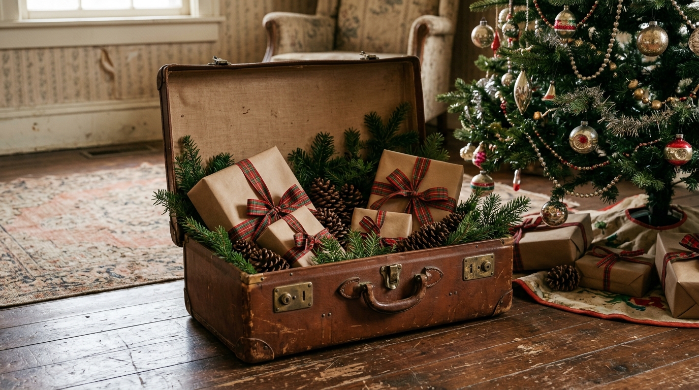 Open brown leather vintage suitcase filled with kraft paper gifts tied with plaid ribbon beside a Christmas tree
