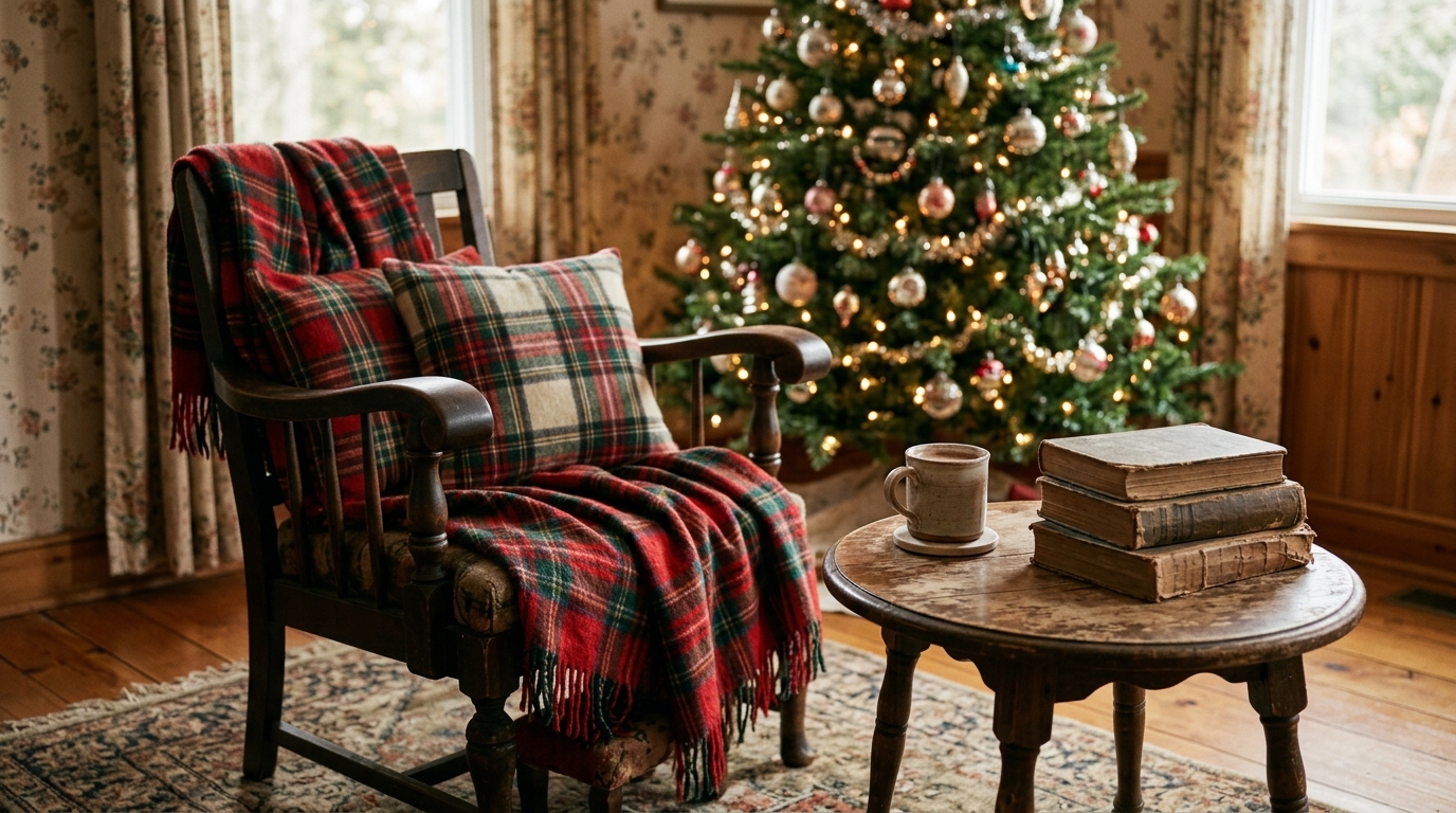 Vintage wooden armchair with a red and green plaid wool throw and pillows beside a tree and a stack of old books