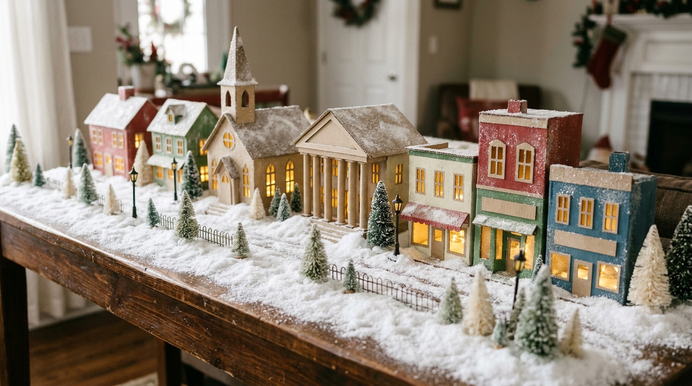 Jimmy Stewart Christmas cardboard small town with a church, bank and shops covered in snow on a sofa table
