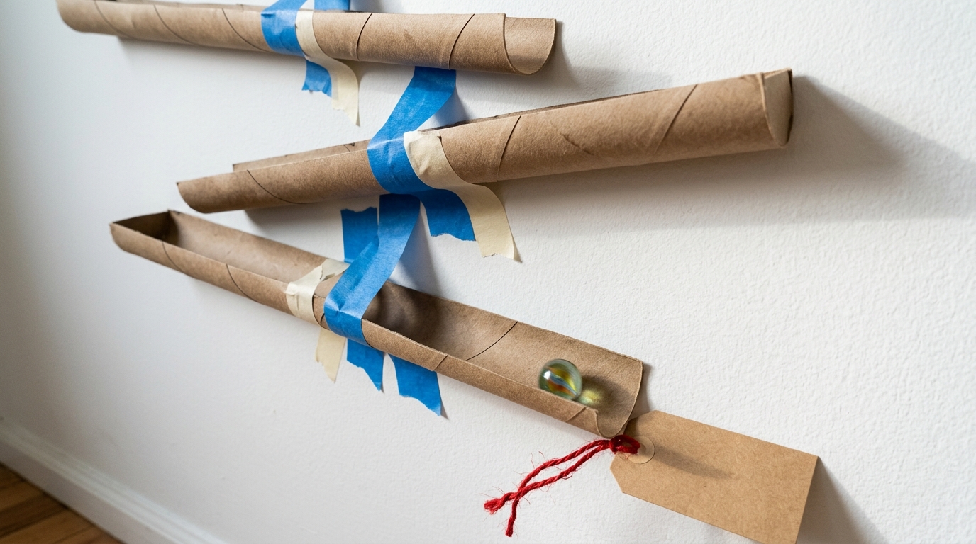 Joseph Herscher inspired marble run of cardboard tubes taped to a wall, ending at a kraft gift tag