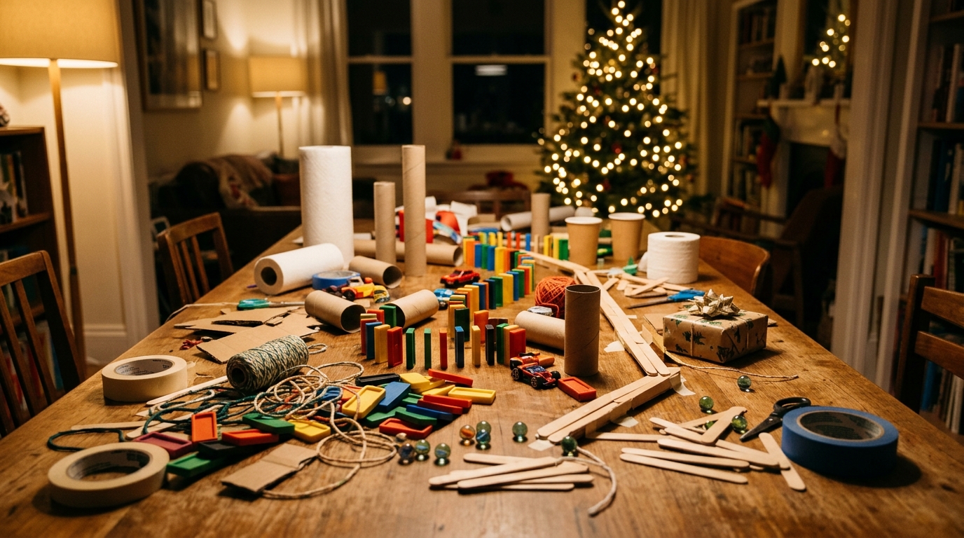 Joseph Herscher style family build night table full of tubes, dominoes, toy cars and string