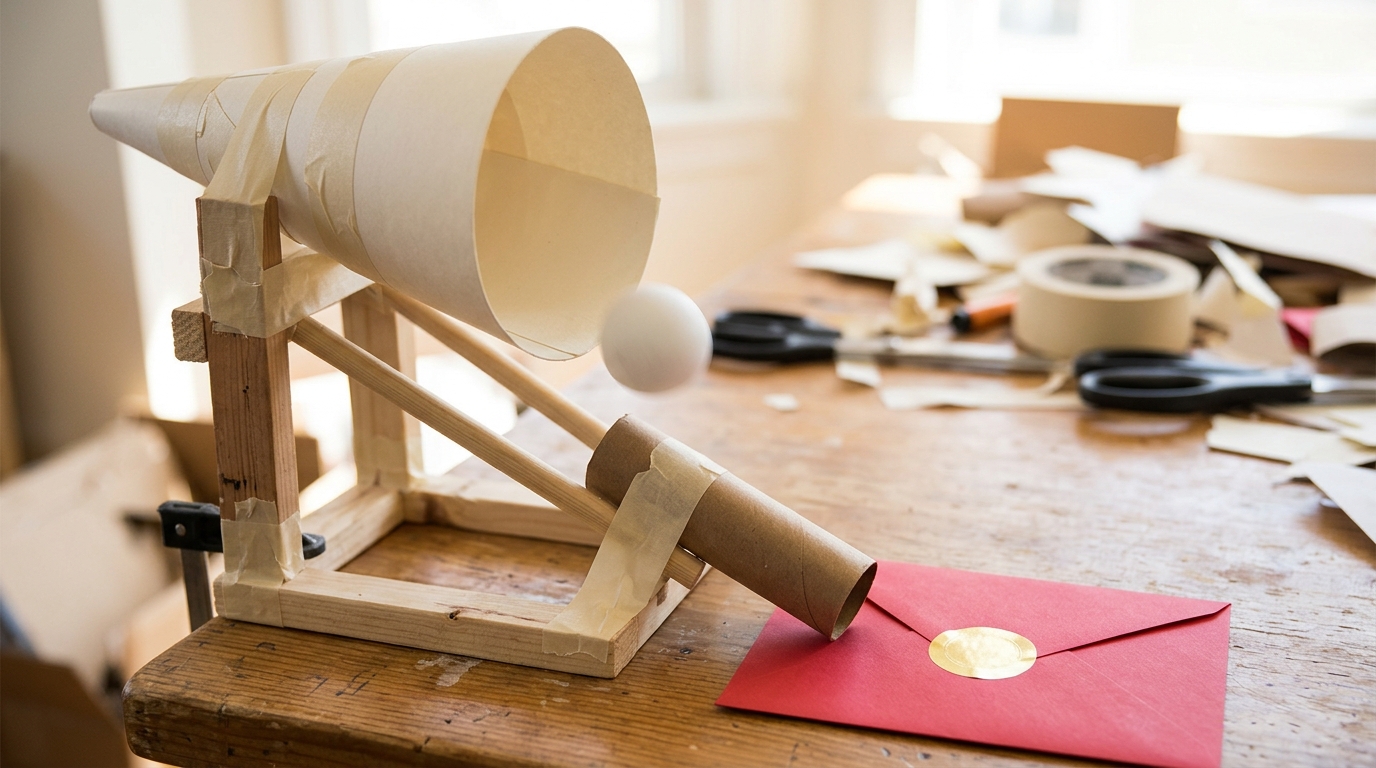 Joseph Herscher inspired poster board funnel guiding a ping pong ball to a red envelope