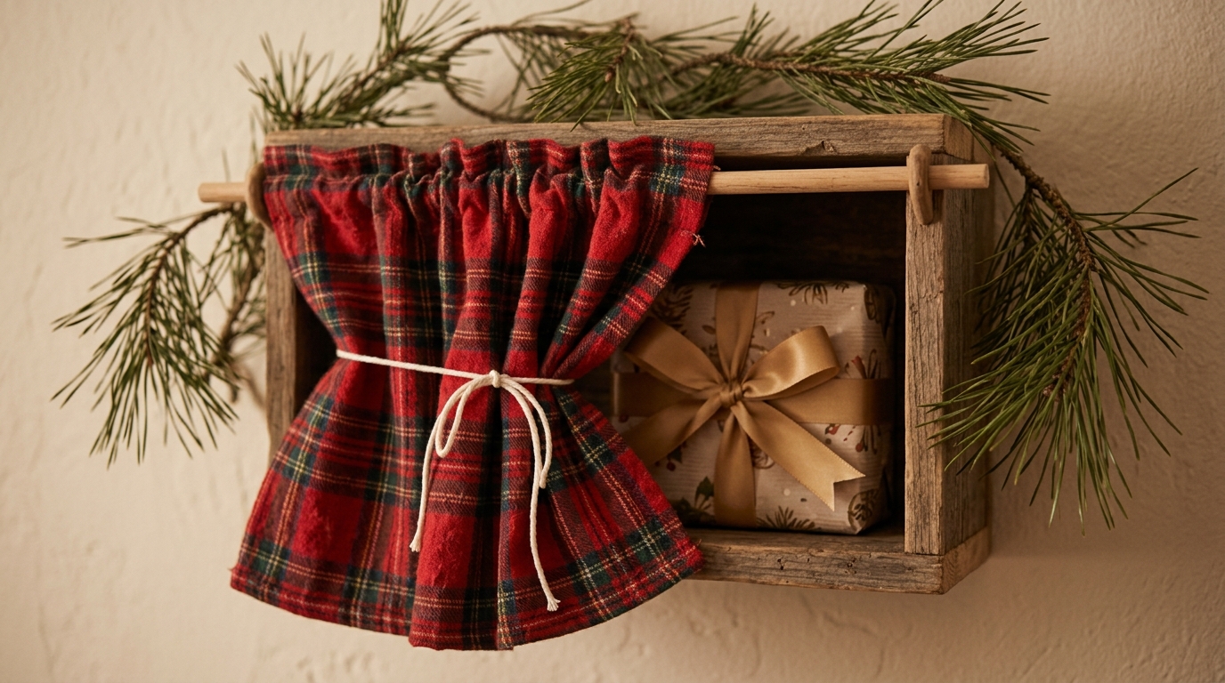 Joseph Herscher style plaid curtain on a dowel pulled aside to reveal a wrapped gift on a shelf