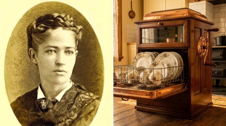 Everyday household items invented by women: Josephine Cochrane beside an AI image of an antique dishwasher