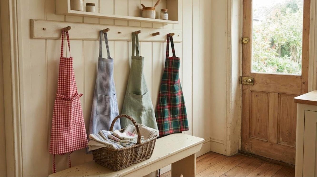 Wooden peg rail by the back door holding gingham, striped, linen and plaid aprons