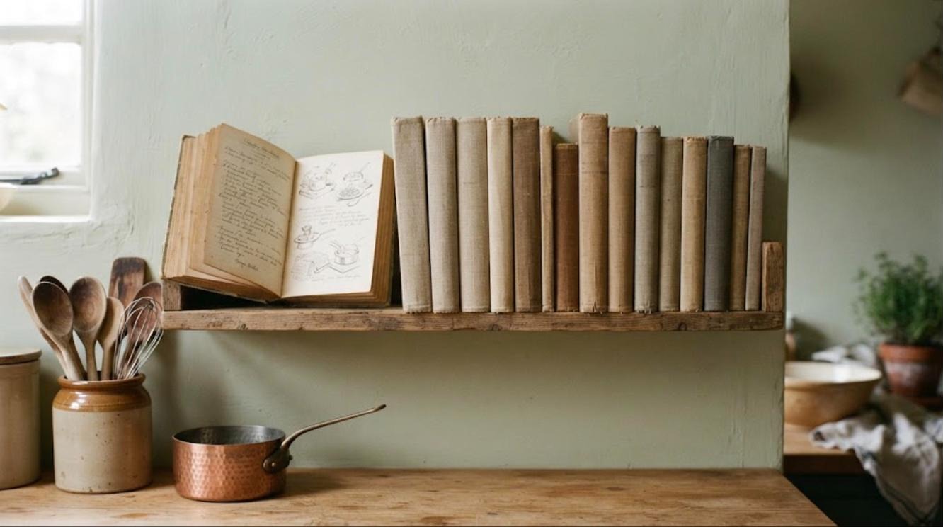 Julia Child Kitchen style cookbook ledge on a sage green wall with an open recipe book