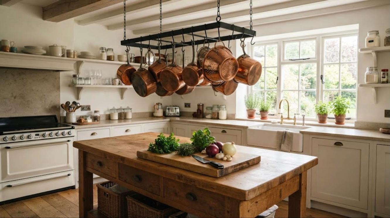 Julia Child Kitchen inspired copper pots hanging from an iron pot rack over a wooden island