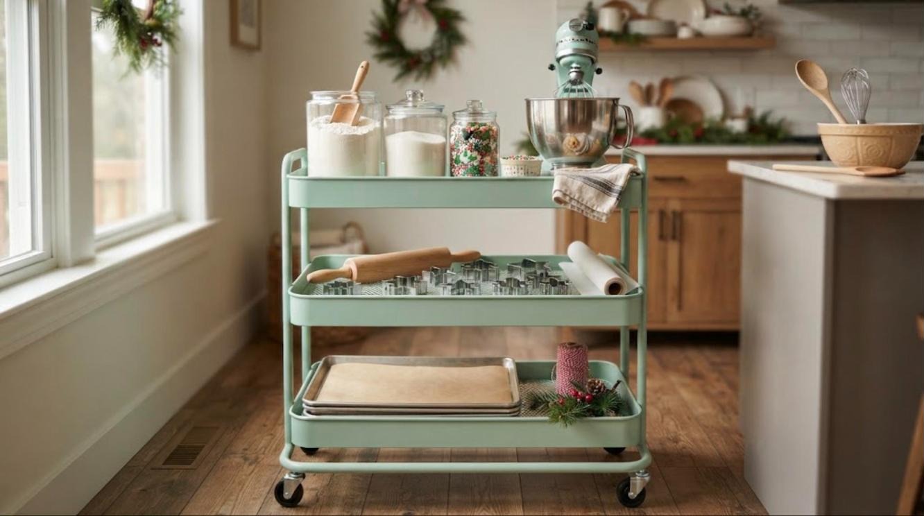 A mint green rolling cart set up as a holiday baking station
