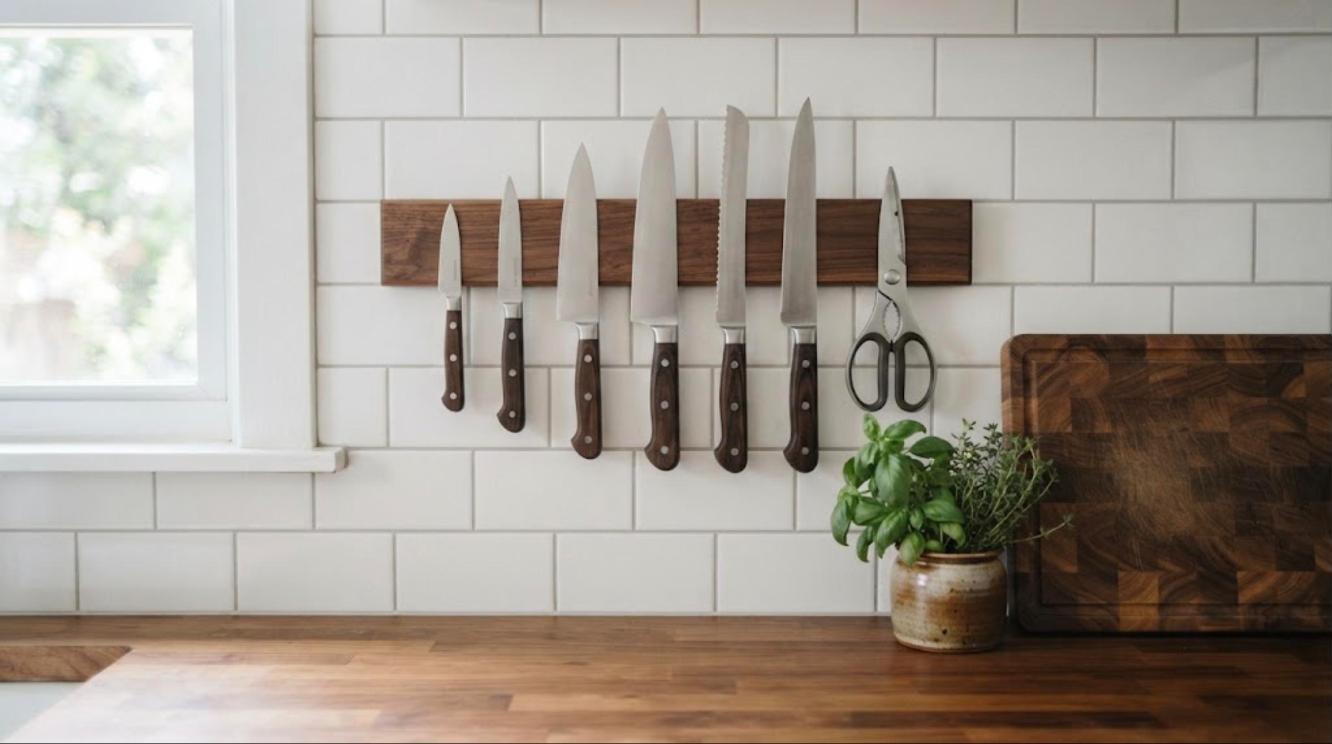 Walnut magnetic knife bar on a white tile wall holding chef knives and kitchen shears