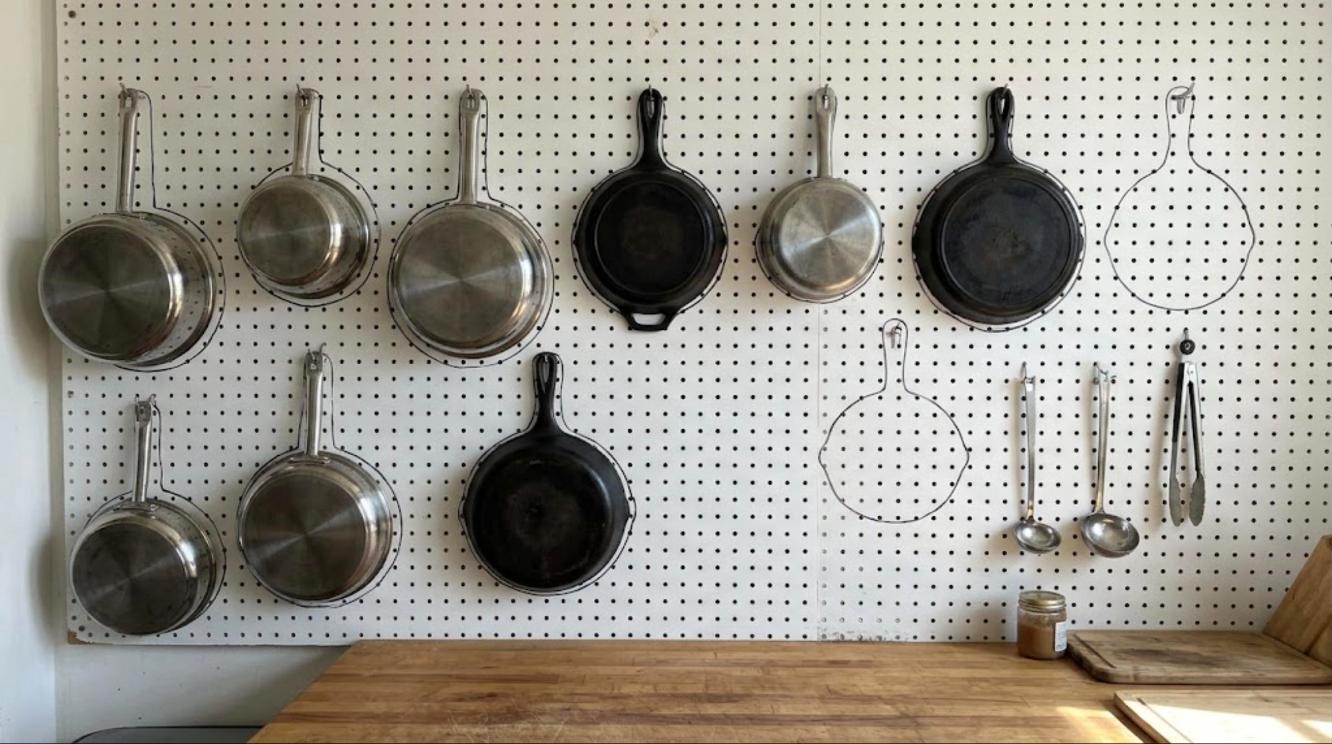 Julia Child Kitchen style pegboard with painted outlines showing where each pan and skillet hangs