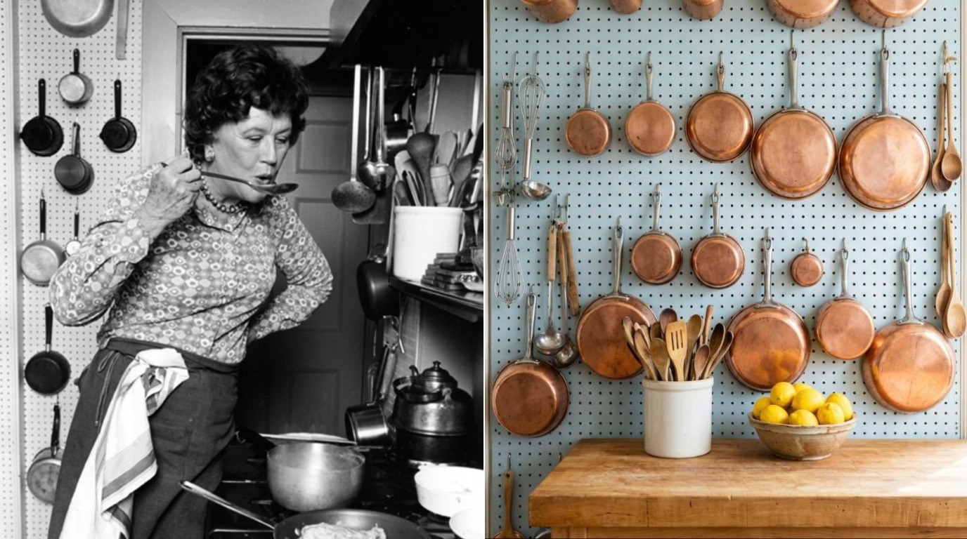Julia Child Kitchen inspiration: Julia Child cooking beside her pegboard wall, and a blue pegboard wall of copper pans