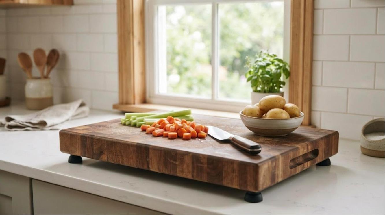 A thick butcher block board on rubber feet raises the counter height for a tall cook