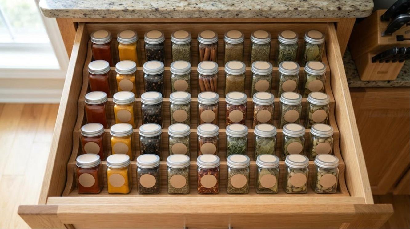 Spice drawer with a tiered wooden insert and rows of matching glass jars