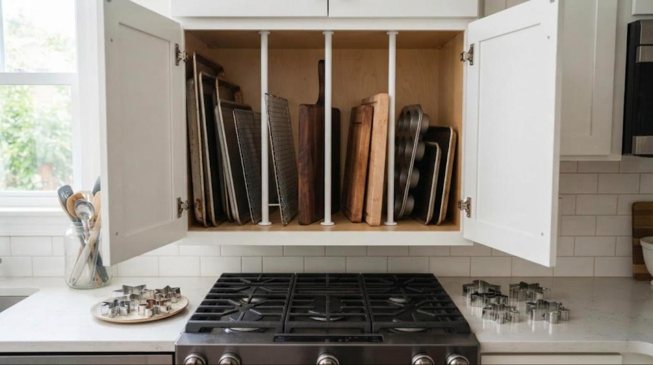 Tension rods set upright in a cabinet make slots for baking sheets, racks and cutting boards