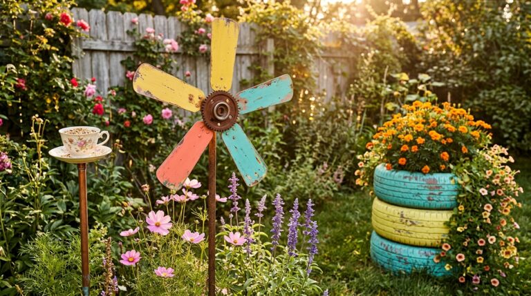 Junk garden art: painted fan blade flower, teacup bird feeder and painted tire planter in a cottage garden