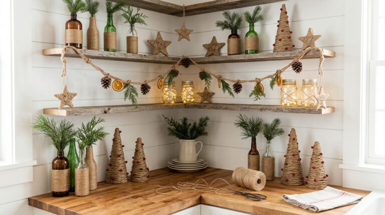 Jute twine Christmas decor in a farmhouse kitchen with twine wrapped bottles, jute stars, cone trees and glowing jars