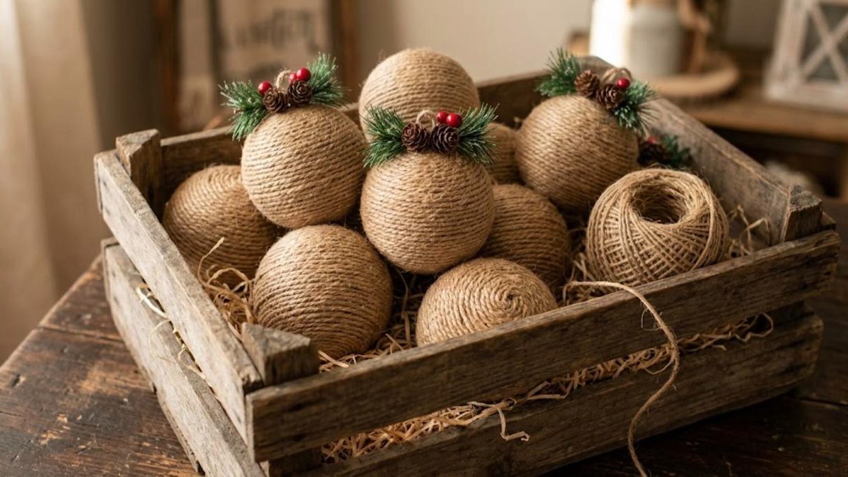 Jute twine wrapped ornaments with pinecone and berry toppers in a rustic wooden crate
