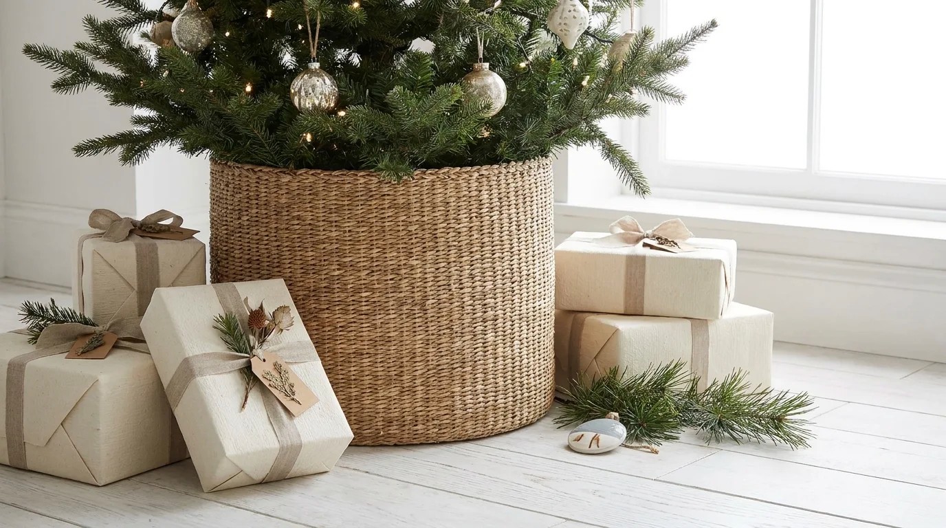 Kendall Jenner Christmas Tree base hidden in a large woven seagrass basket collar with cream wrapped gifts on a white floor
