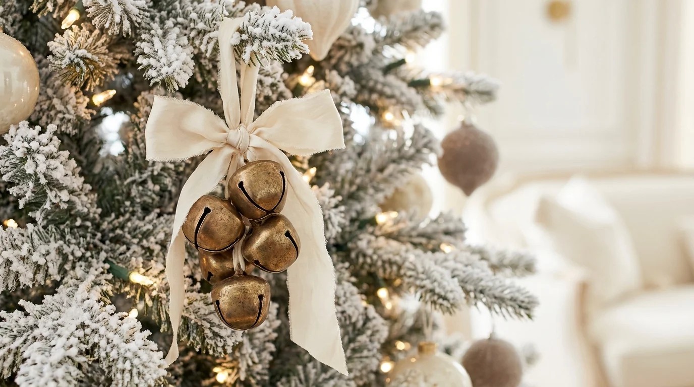 Cluster of antique brass jingle bells tied with a cream silk ribbon bow on a snowy flocked tree branch