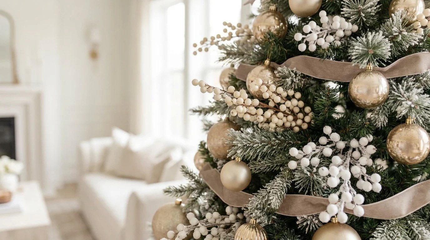 Cream white faux berry picks and frosted berry sprays tucked into a tree with gold ornaments and taupe velvet ribbon