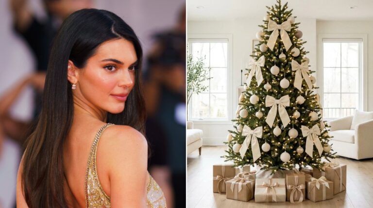 Kendall Jenner Christmas Tree: Kendall Jenner portrait beside an elegant cream and gold tree with velvet bows and kraft wrapped gifts
