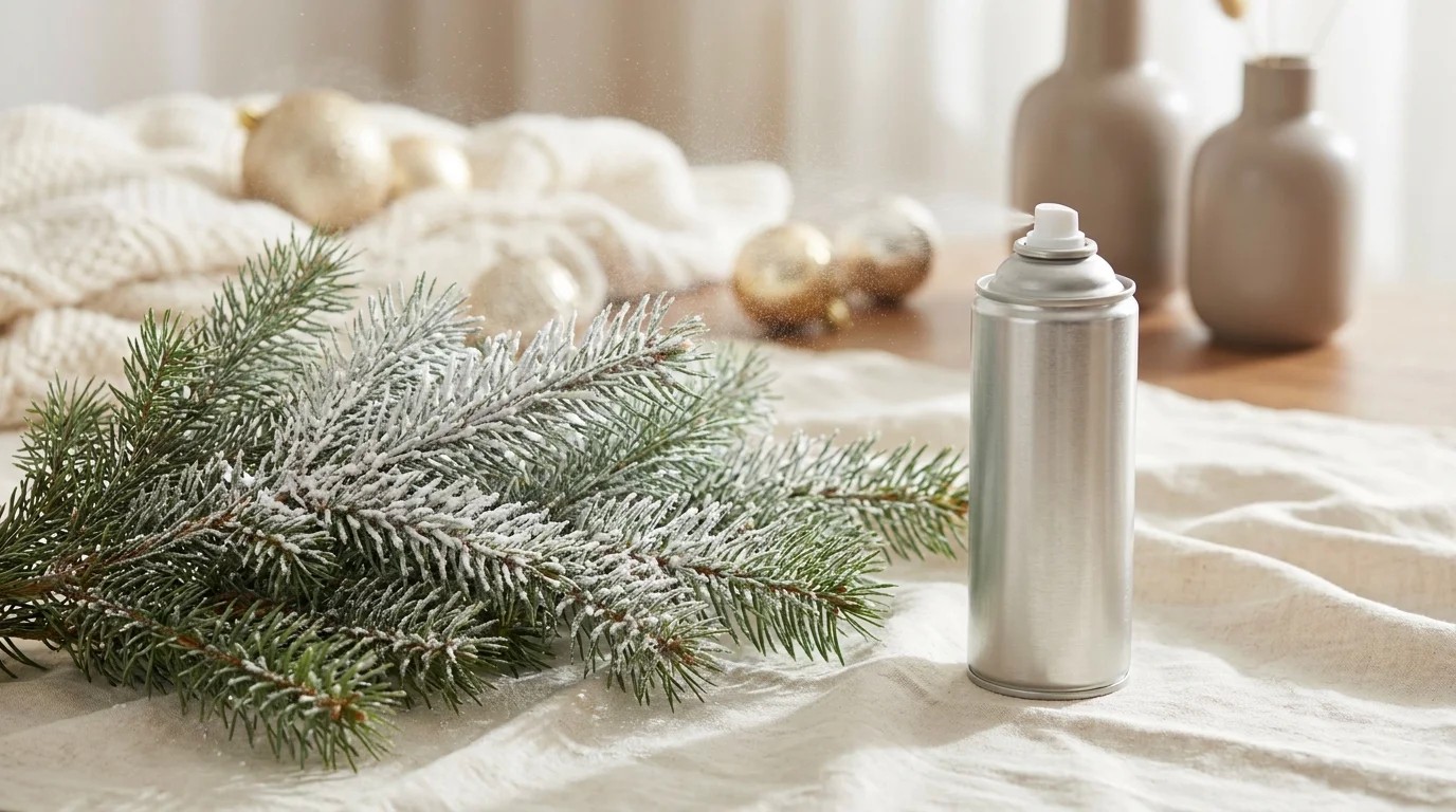Green pine branches dusted white with artificial snow flocking spray on a drop cloth with gold ornaments behind