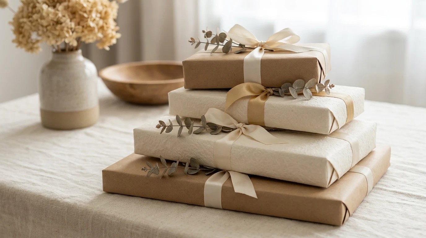 Stack of gifts wrapped in brown kraft paper and cream paper tied with silk ribbons and eucalyptus sprigs on a linen table