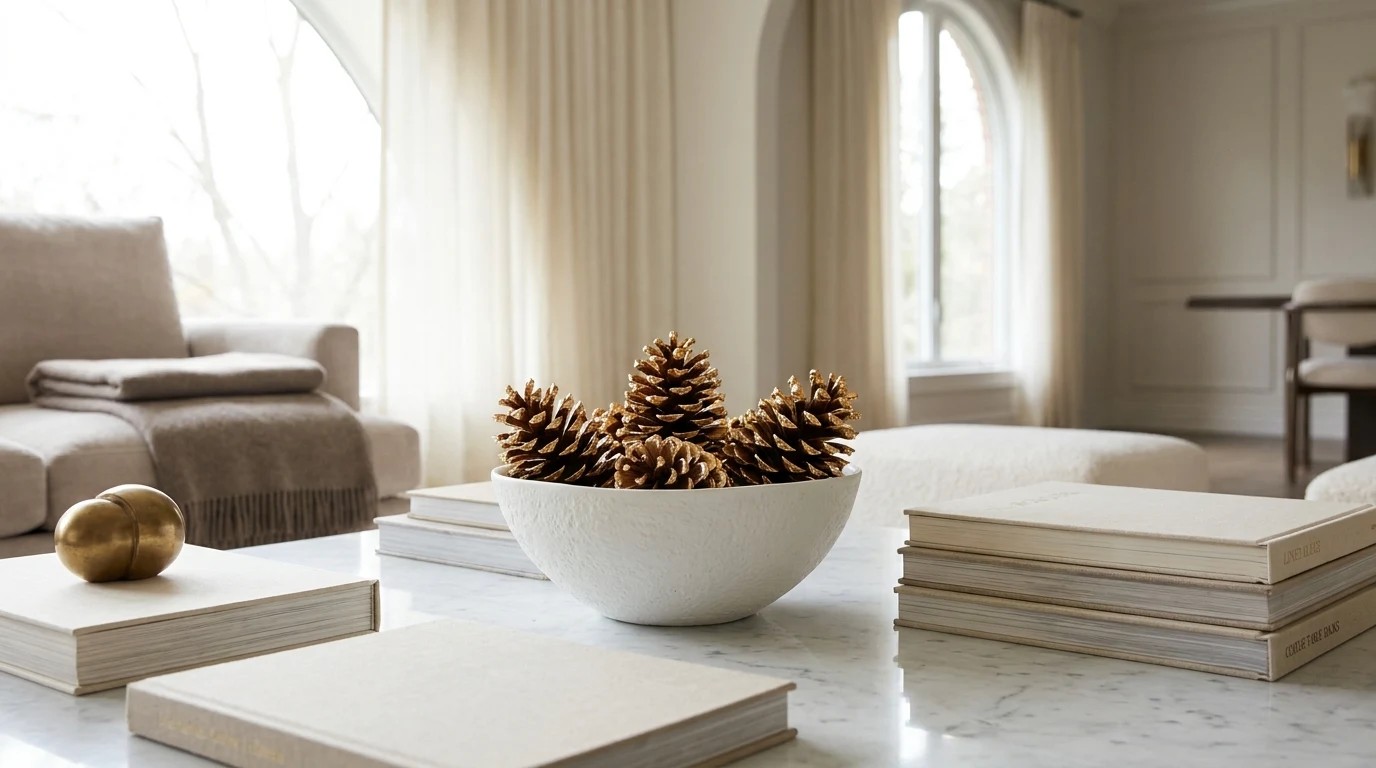 Pine cones with gold leaf tips arranged in a white ceramic bowl on a marble coffee table in a cream living room