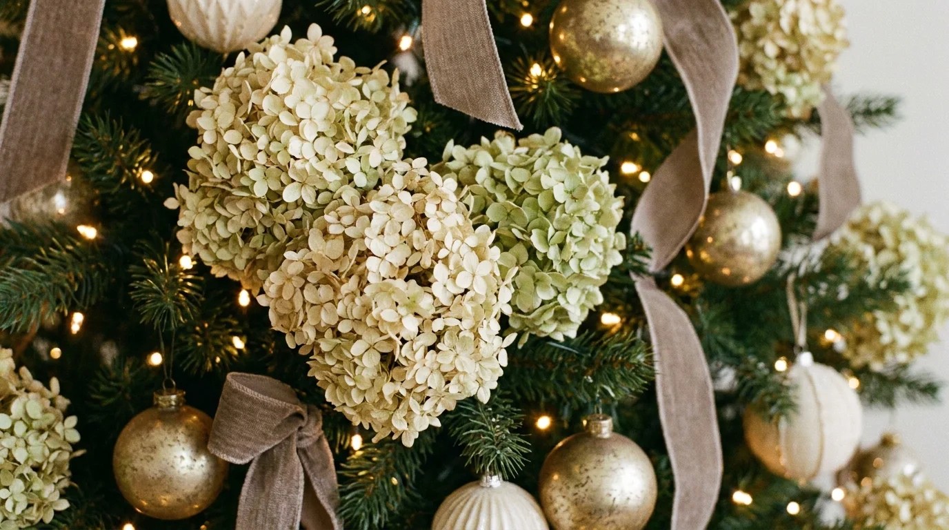 Dried cream and pale green hydrangea flower heads tucked into a Christmas tree with gold ornaments and warm lights