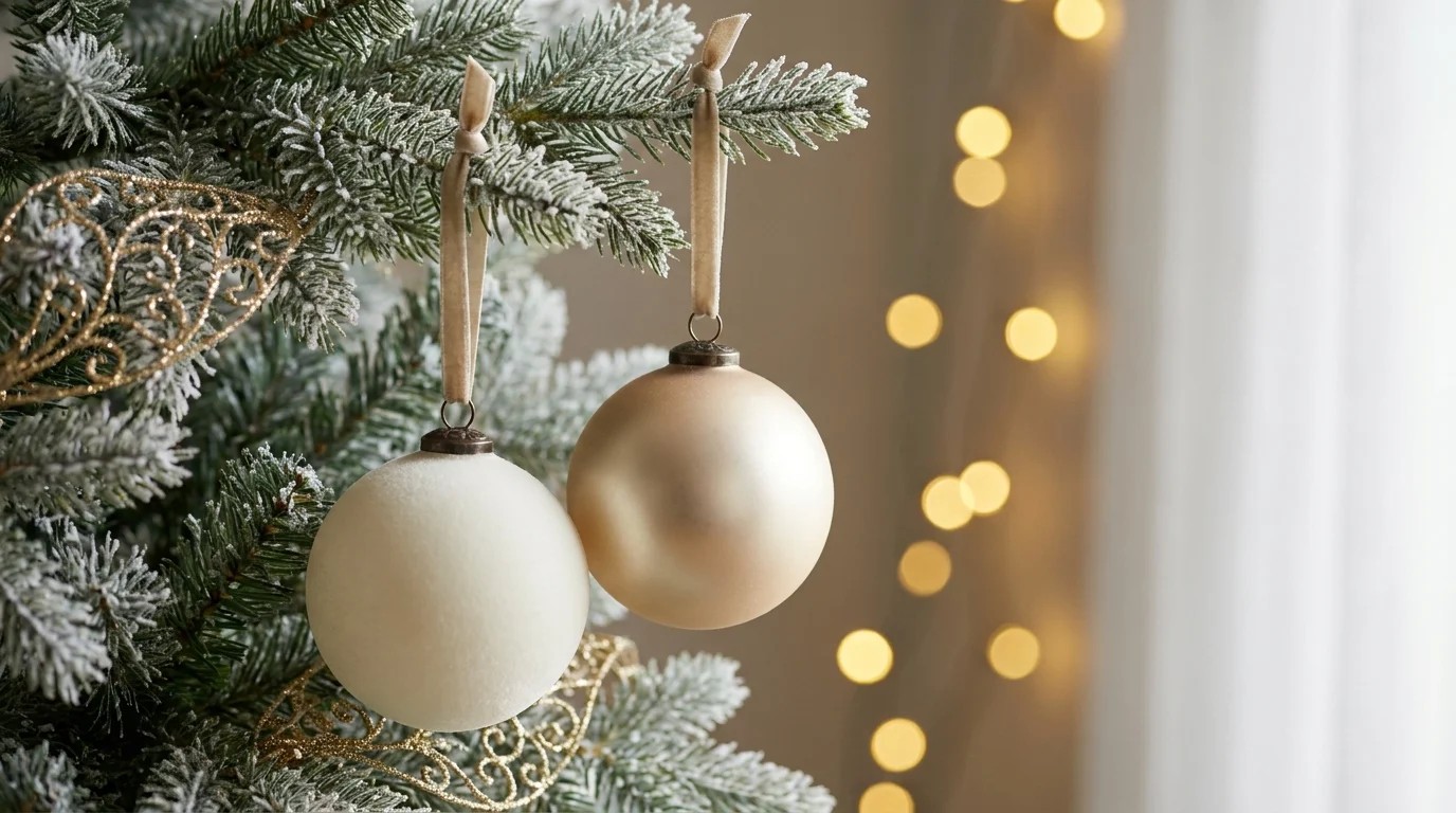 Matte ivory and champagne painted glass ornaments with velvet ribbon hangers on a frosted tree with bokeh lights