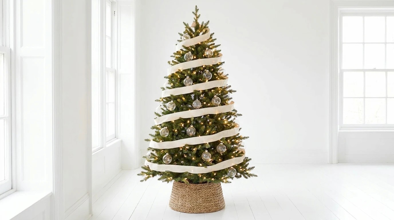 Kendall Jenner Christmas Tree idea: a tree wrapped in long spirals of wide cream linen ribbon in a bright white room