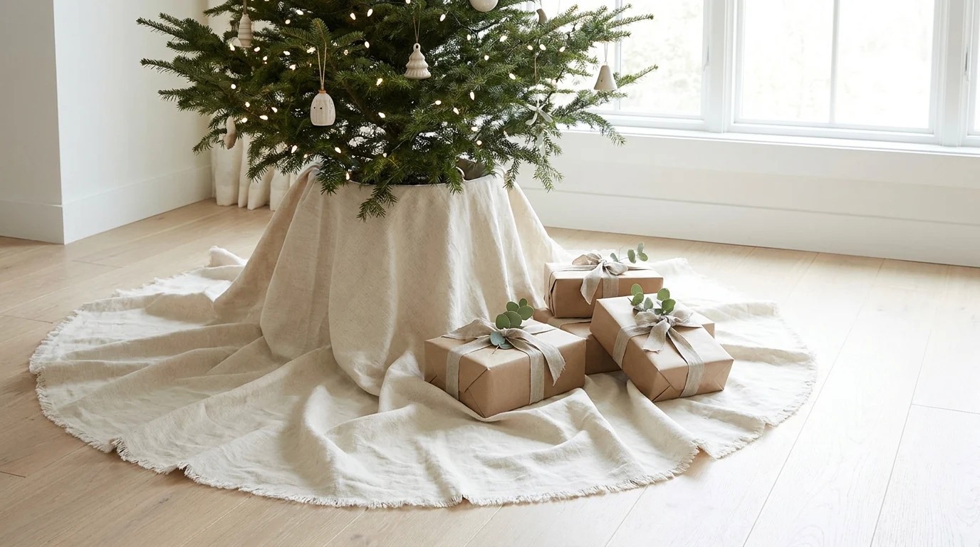 Cream linen drop cloth tree skirt with a frayed edge pooled around a tree base with kraft wrapped gifts on a pale oak floor