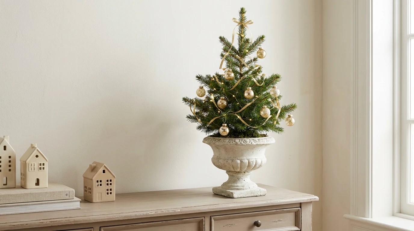 Kendall Jenner Christmas Tree for small rooms: a tabletop tree planted in a white stone urn with gold ornaments on a console table
