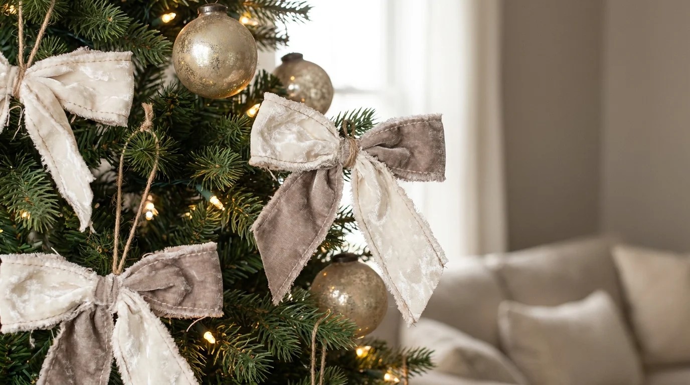Kendall Jenner Christmas Tree bows: handmade cream and taupe velvet bows tied on branches with gold ornaments and warm lights