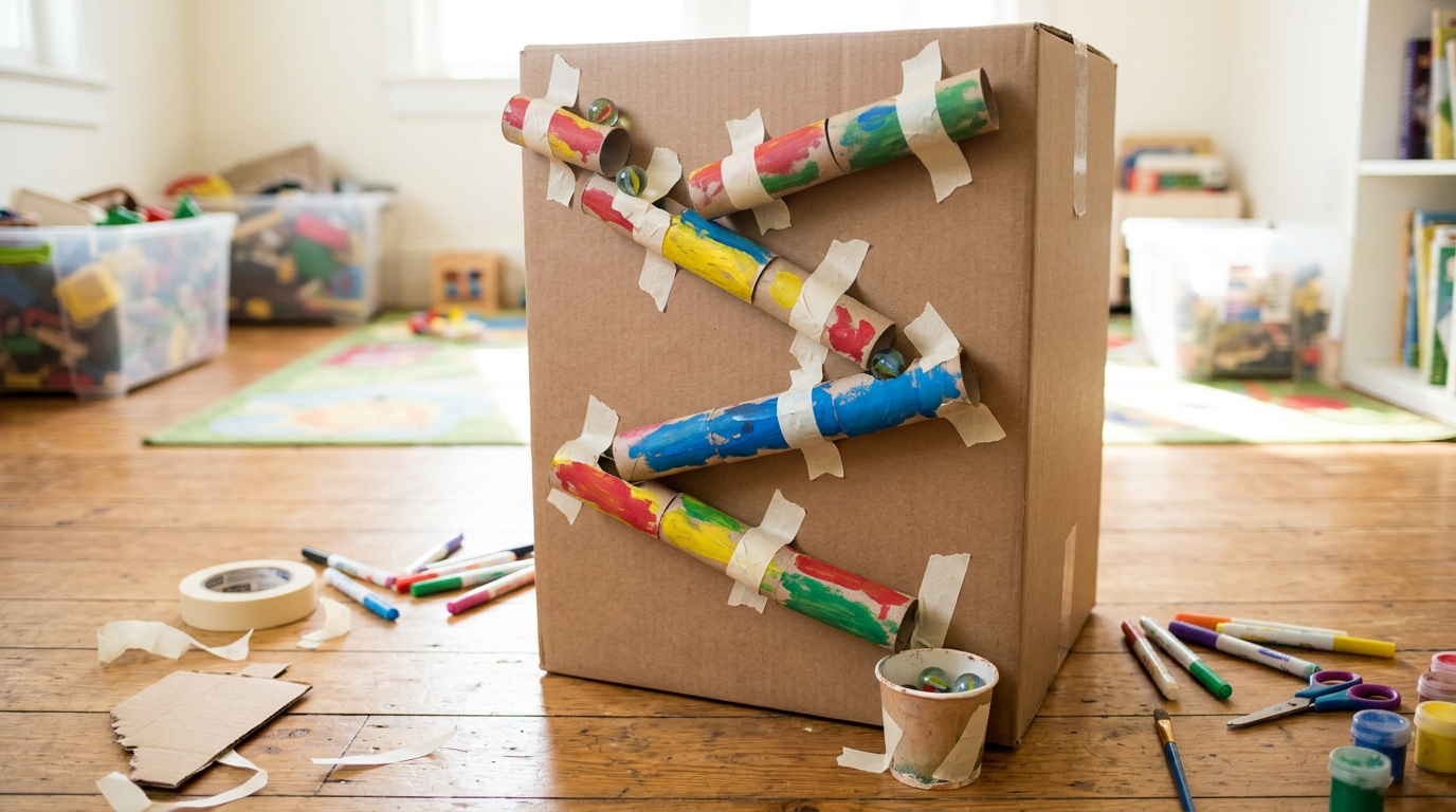 Painted cardboard tube marble run taped to a big box
