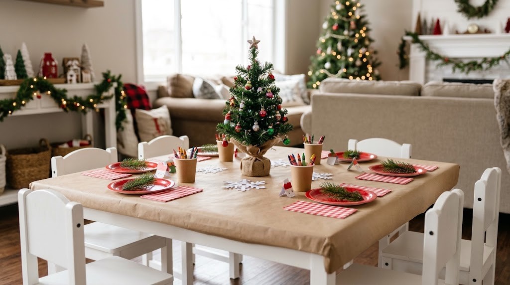 Kids Christmas table with kraft paper, crayons and a mini tree