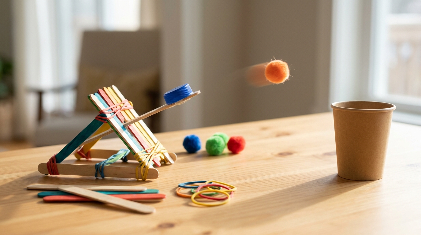 Things invented by kids inspire this craft stick catapult launching a pom pom