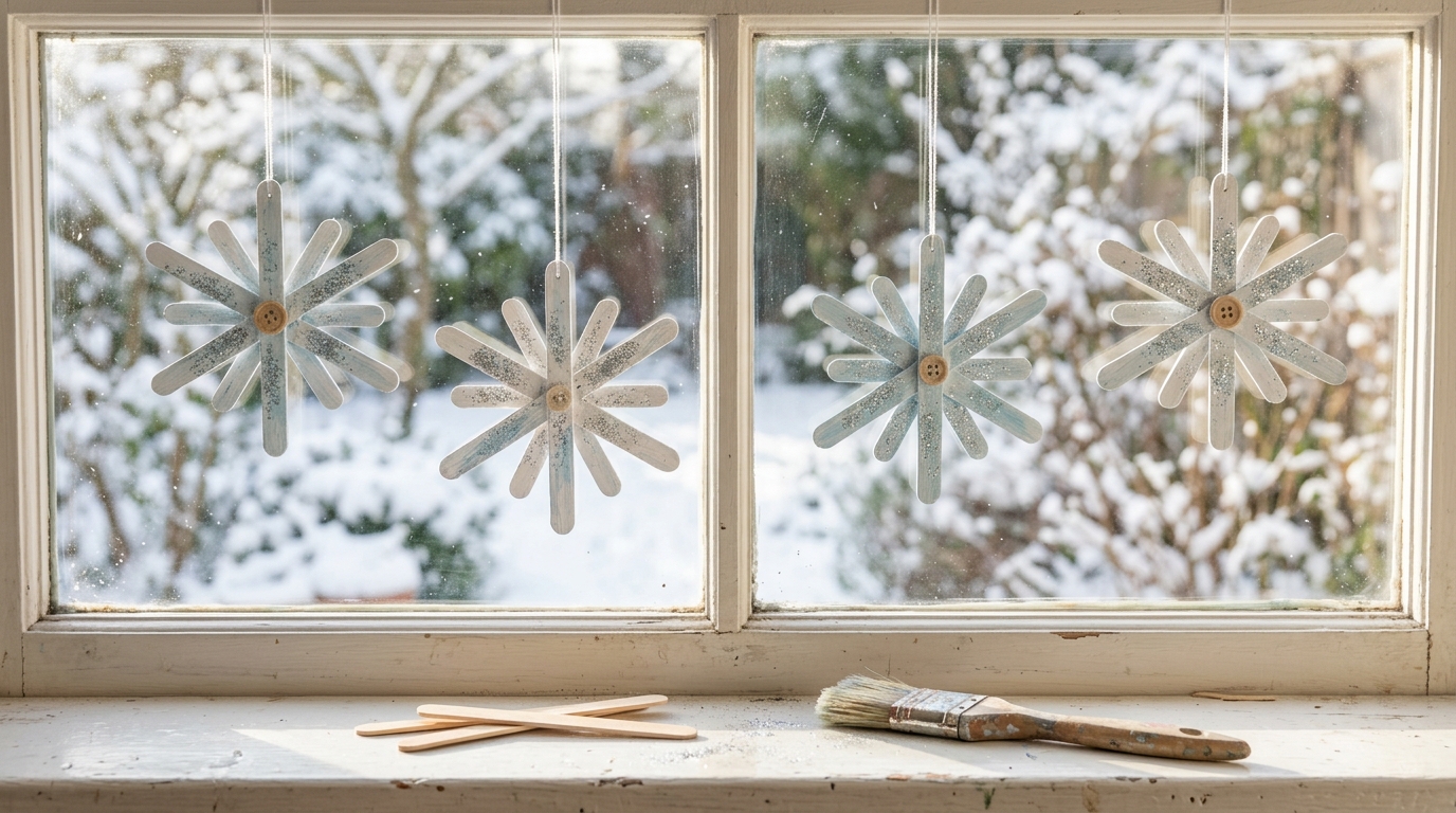 Glittery white craft stick snowflakes hanging in a snowy window
