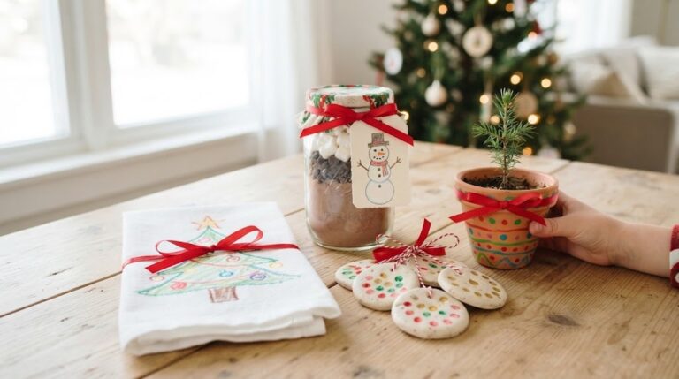Kids DIY Christmas gifts: a table of handmade presents with a drawing tea towel, salt dough ornaments, a painted pot and a cocoa jar