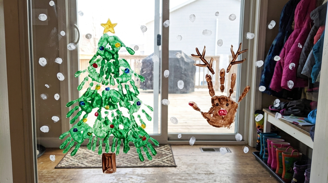 Green handprint Christmas tree and handprint reindeer painted on a glass door
