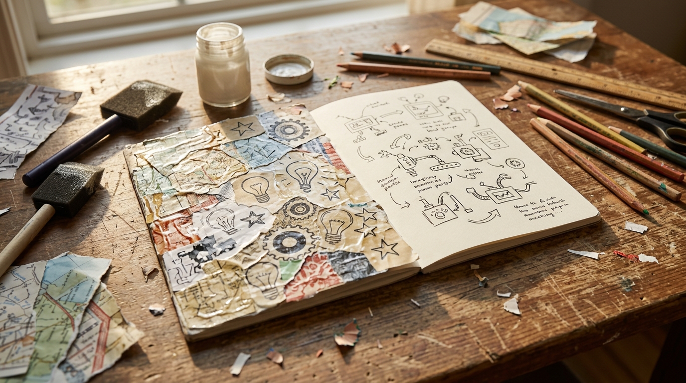 Open invention notebook with a decoupaged collage cover and gadget sketches