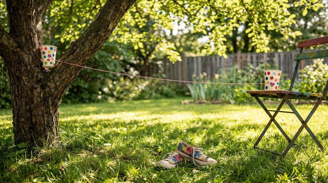 Paper cup string telephone stretched across a sunny backyard
