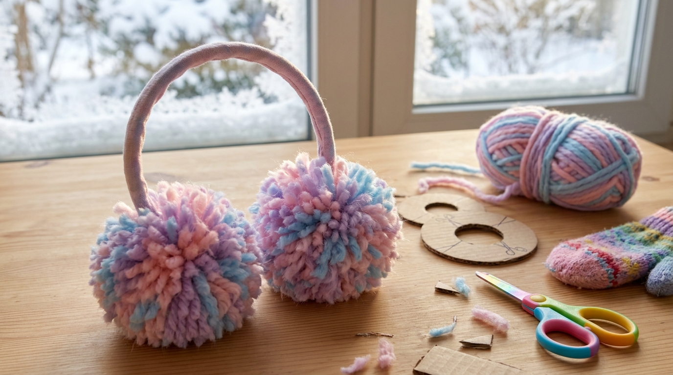 Things invented by kids: fluffy pastel pom pom earmuffs on a wooden table by a snowy window
